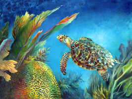 hawksbill sea turtle tropical reef ocean ceramic tile mural medallion backsplash - £86.24 GBP+