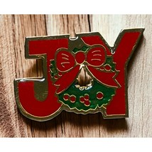 Christmas Pin Joy Wreath Brooch Vintage Red Enamel Gold Tone - $11.87