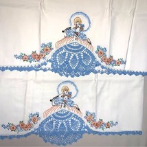 Vintage Handmade Embroidered Crochet Pillowcases Set of 2 Victorian Girl... - £29.42 GBP