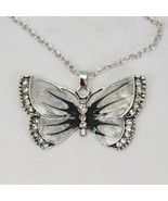 Butterfly Necklace 2.125&quot; Silver Chain 21&quot; Gray Black and Rhinestones - $9.79