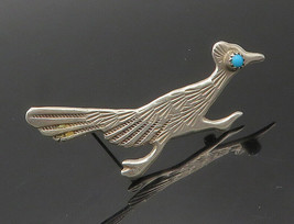NAVAJO 925 Silver - Vintage Turquoise Road Runner Bird Brooch Pin - BP8084 - £72.62 GBP