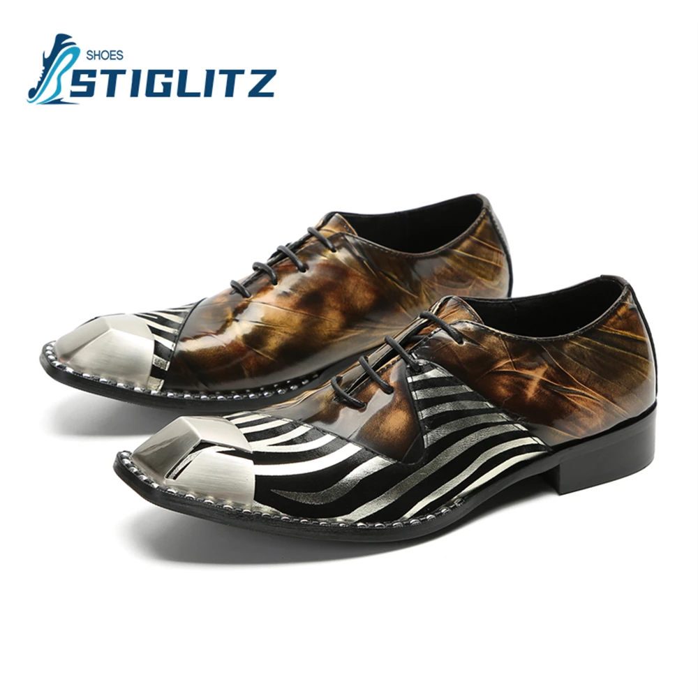 Paneled Square Iron Toe Shoes Unique Design Men&#39;s Leather Shoes Men&#39;s Ca... - £131.63 GBP
