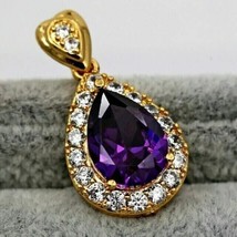 2.50Ct Pear Cut Lab Created Amethyst Halo Pendant 18&quot; 14K Yellow Gold Plated - £111.88 GBP