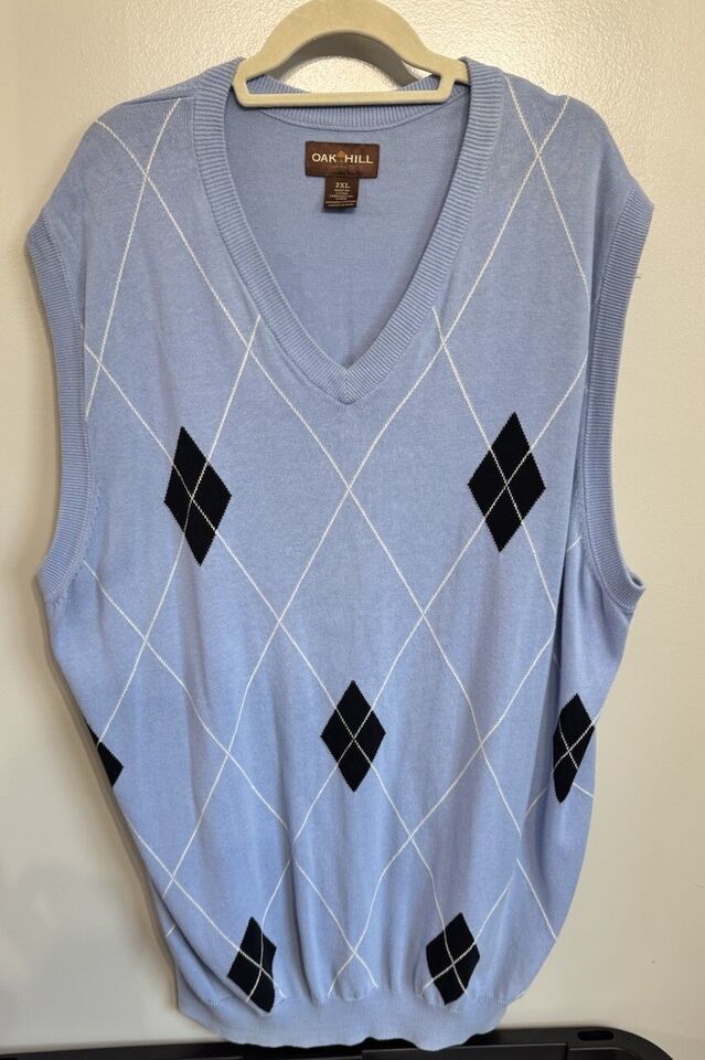 Oakhill Men’s Sweat Vest Argyle Front Big &amp; Tall 2xl 100 % Cotton Blue A... - $25.83