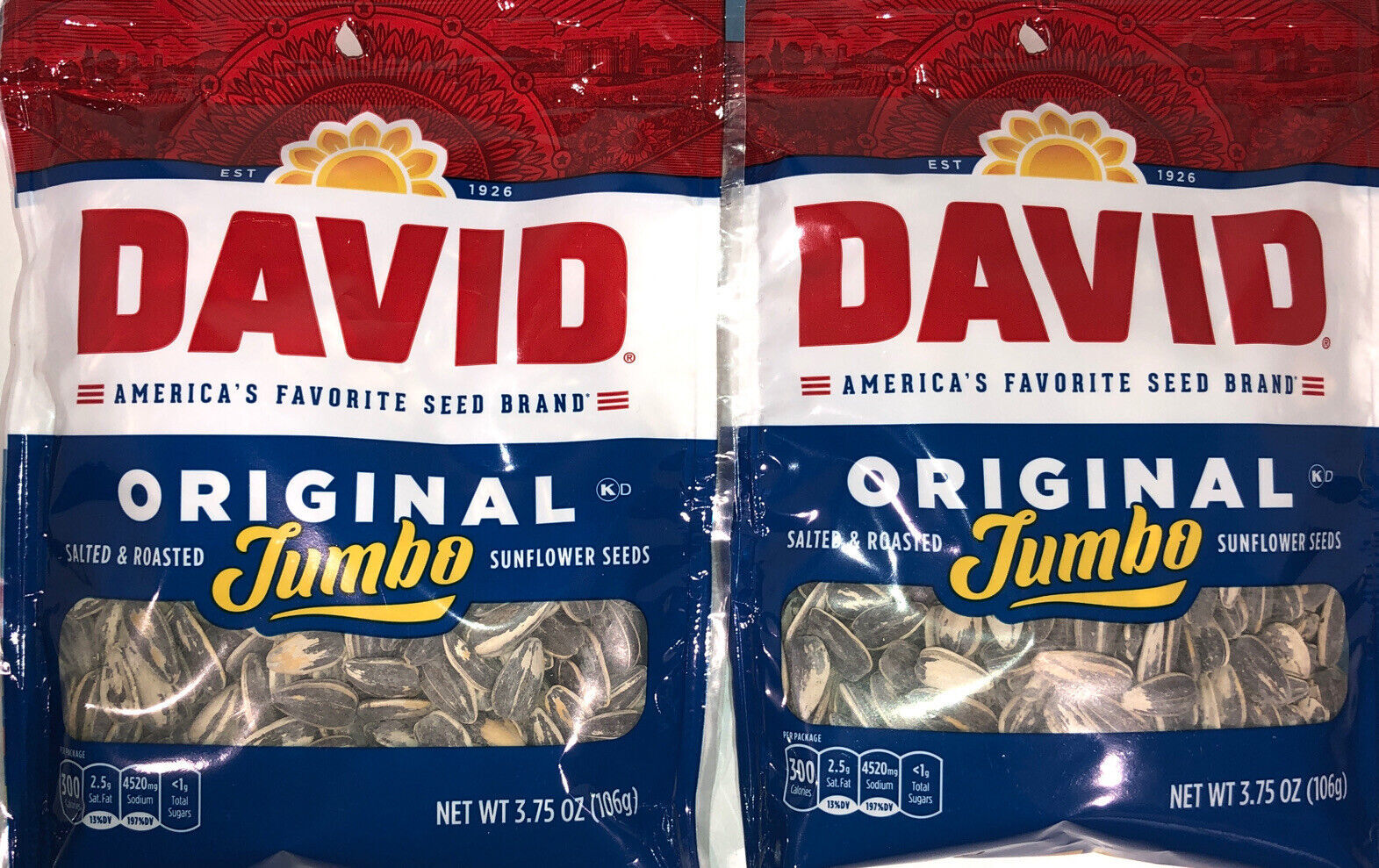 Sunflower Seeds 2 Bags Jumbo Sized 3.75oz Each Salted &amp; Roasted By David... - $9.78