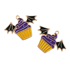 Halloween Charms Cupcake Bat Wings Black Purple Gold Bead Drops Pendants 10 pcs - £4.00 GBP