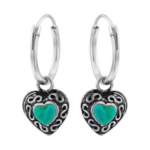 Heart Shape Turquoise Charm 925 Silver Hoop Earrings - £13.17 GBP