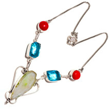 Natural Agate,Red Coral,Blue Topaz Gemstone 925 Silver Overlay Handmade Necklace - £13.51 GBP