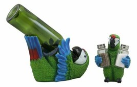 Green Scarlet Macaw Parrot Wine Bottle And Salt Pepper Shakers Holder St... - $49.95