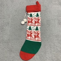 Vintage Reindeer Knit Christmas Stocking Knitted White Red Green 1980s - $14.25