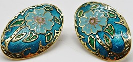 Cloisonné Style Post Earrings Gold Tone Flower Tree Blue - £9.71 GBP