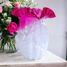 Vtg MURANO Style Hand Blown Art Glass Ruffled Cranberry &amp; White Spatter ... - £32.62 GBP