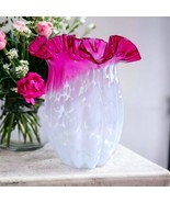 Vtg MURANO Style Hand Blown Art Glass Ruffled Cranberry &amp; White Spatter ... - £32.70 GBP