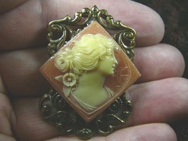 (CM8-3) Lady flower in hair ponytail square orange CAMEO brass pin pendant - £26.00 GBP