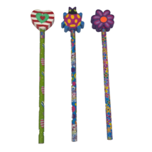 LOT OF 3 LISA FRANK PENCILS W ERASER TOPPERS HEART PURPLE FLOWER LADYBUG - $14.25