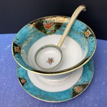 Noritake Rice Sauce Bowl Spoon and Saucer Teal Gold Floral Japan 3 piece... - $25.73