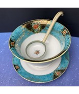 Noritake Rice Sauce Bowl Spoon and Saucer Teal Gold Floral Japan 3 piece... - $25.73