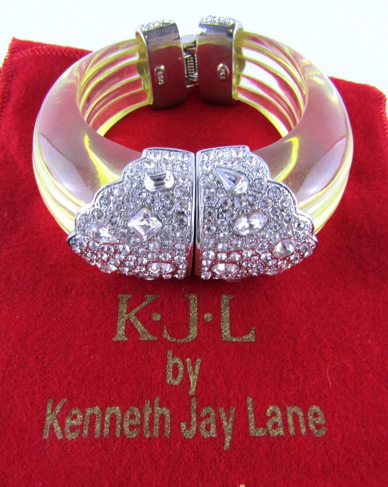 Kenneth Jay Lane, Lucite Silver Rhodium Plated Large Rhinestone Cuff Bracelet - $171.09