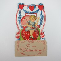 Vintage Valentine 3D Pop Up Die Cut Blonde Girl Blue Dress Red Umbrella &amp; Hearts - £11.74 GBP