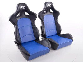 FK Pair Universal Fixed Back Bucket Sports Seats BLACK BLUE Big Wing Edition - £341.80 GBP