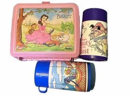 Vtg Disney&#39;s Beauty &amp; the Beast Pink Lunch Box W/ 2 Thermos RARE - £32.87 GBP