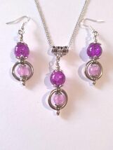 Silver hoops purple pink jewelry set necklace earrings Victorian jewelry... - $52.00
