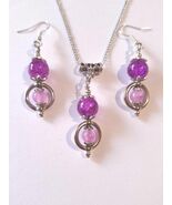 Silver hoops purple pink jewelry set necklace earrings Victorian jewelry... - $52.00