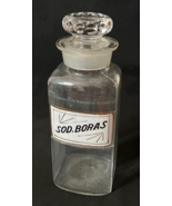 Antique 1892 Square Clear Glass SOD. BORAS Apothecary Jar with Glass Label - £47.18 GBP