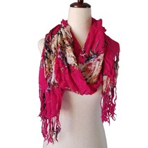Pink Floral Scarf Viscose Fringe Flowers Accessory Women Neck Wrap Lightweight - £10.02 GBP