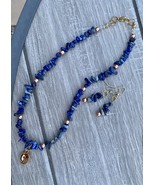 “Bella Blue” Blue Lapis Necklace And Earrings  With Gold Amber droplet S... - £27.53 GBP