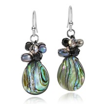 Ocean&#39;s Teardrops Peacock Green Abalone Freshwater Pearl Cluster Dangle Earrings - £9.47 GBP