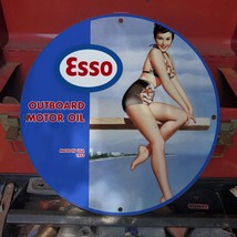 Vintage 1953 Esso Outboard Motor Oil And Lubricants Porcelain Gas &amp; Oil Sign - £98.29 GBP