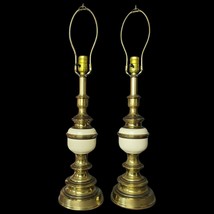 2 Vtg Brass Table Lamps Pair Hollywood Regency Ivory Enamel Gold Trophy Urn - £197.84 GBP