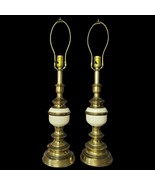 2 Vtg Brass Table Lamps Pair Hollywood Regency Ivory Enamel Gold Trophy Urn - £198.32 GBP