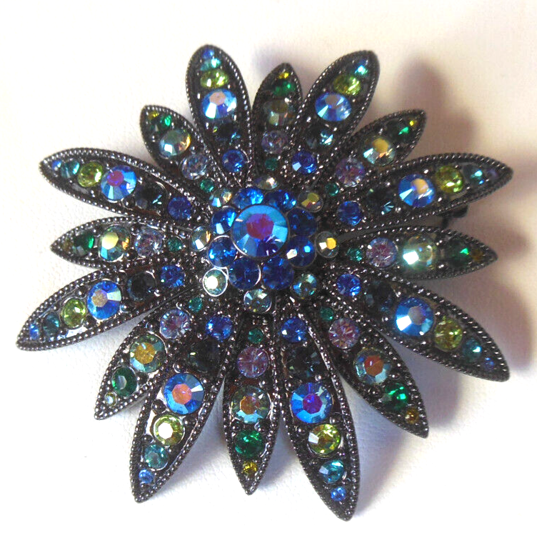 Joan Rivers Brooch Crystalized With Swarovski Blue Green Crystals 2.25" Diameter - $148.50