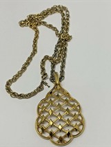 Vtg Signed Crown Trifari Diamond Criss-Cross Pendant Necklace GOLD-TONE 25&quot; - £36.59 GBP