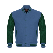 Letterman Varsity Bomber Baseball Jacket Sky Blue Body &amp; Green Leather Sleeves - £88.30 GBP