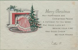 Vintage Christmas Card Old Fashioned Woman Tree Fireplace Greenery 1920&#39;s - £6.30 GBP