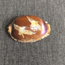 Carved Cowrie Sea Shell - Birds Over Water Scene - 2&quot; X 1.2&quot; Lavender Brown - $24.00