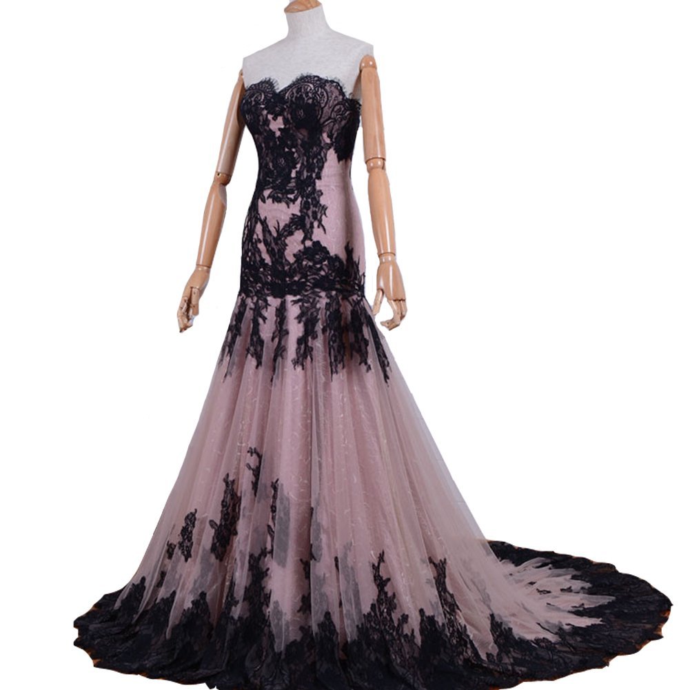 Kivary Gothic Black Lace Mermaid Long Formal Corset Sweetheart Prom Evening Dres