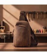 Leather Men's Chest Bag, Vintage Crazy Horse Sling Bag, Premium Cowhide ... - $95.00