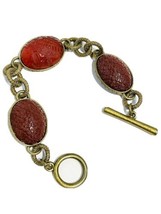 VINTAGE Japanese Floral Etched Red Glass and Multi Toned Gold Bracelet - $49.49