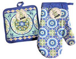 Blue Geometric Medallion Blue 2-Piece Pot Holder And Oven Mitt Set Cotton - £15.09 GBP