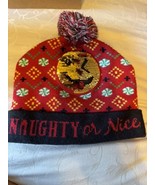 Naughty or Nice Beanie Hat Cap Red Pom Fair Isle Knit Stretch Embroidere... - $9.99