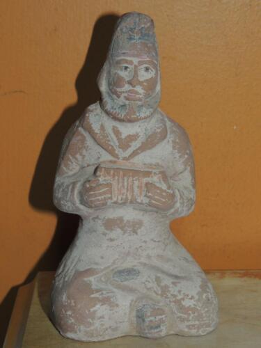 Chinese Terracotta Mud Man Sitting 5.5&quot; Sancai unglazed red black orange... - $44.99