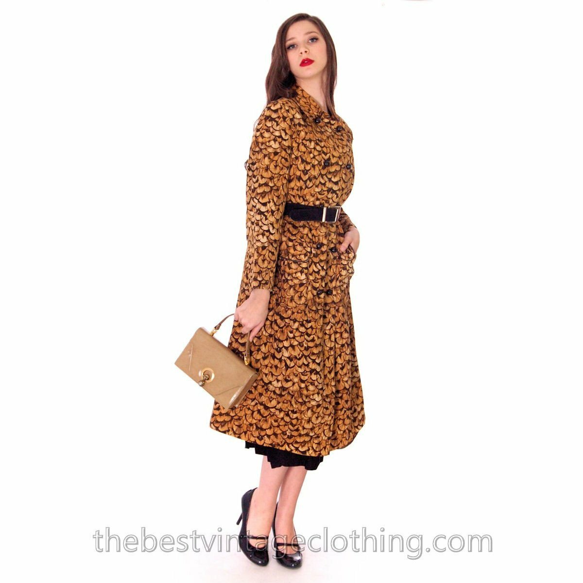 Rare VTG 60s 70s Jeanne Lanvin Mob Wife Feather Print Trench Coat L Feather Item image 4