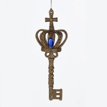 Kurt Adler 6&quot; Gold Glittered Acrylic Key &amp; Crown w/BLUE Jewel Christmas Ornament - £6.98 GBP