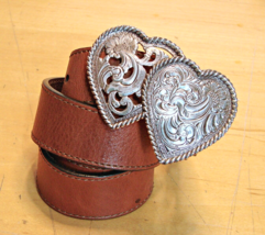 Ariat Full Grain Leather Brown Belt Crumrine Double Heart Buckle Womens Size M - £61.75 GBP