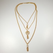 VINTAGE NECKLACE MULTI STRAND GOLD TONE CHAIN FAUX PEARL JEWELRY - £14.94 GBP