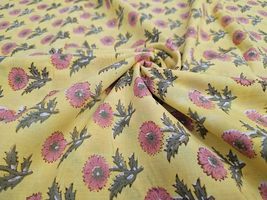 Hand Block Print Fabric by The Yard 42 inch Width 100% Cotton Material Yellow Pi - $14.69+